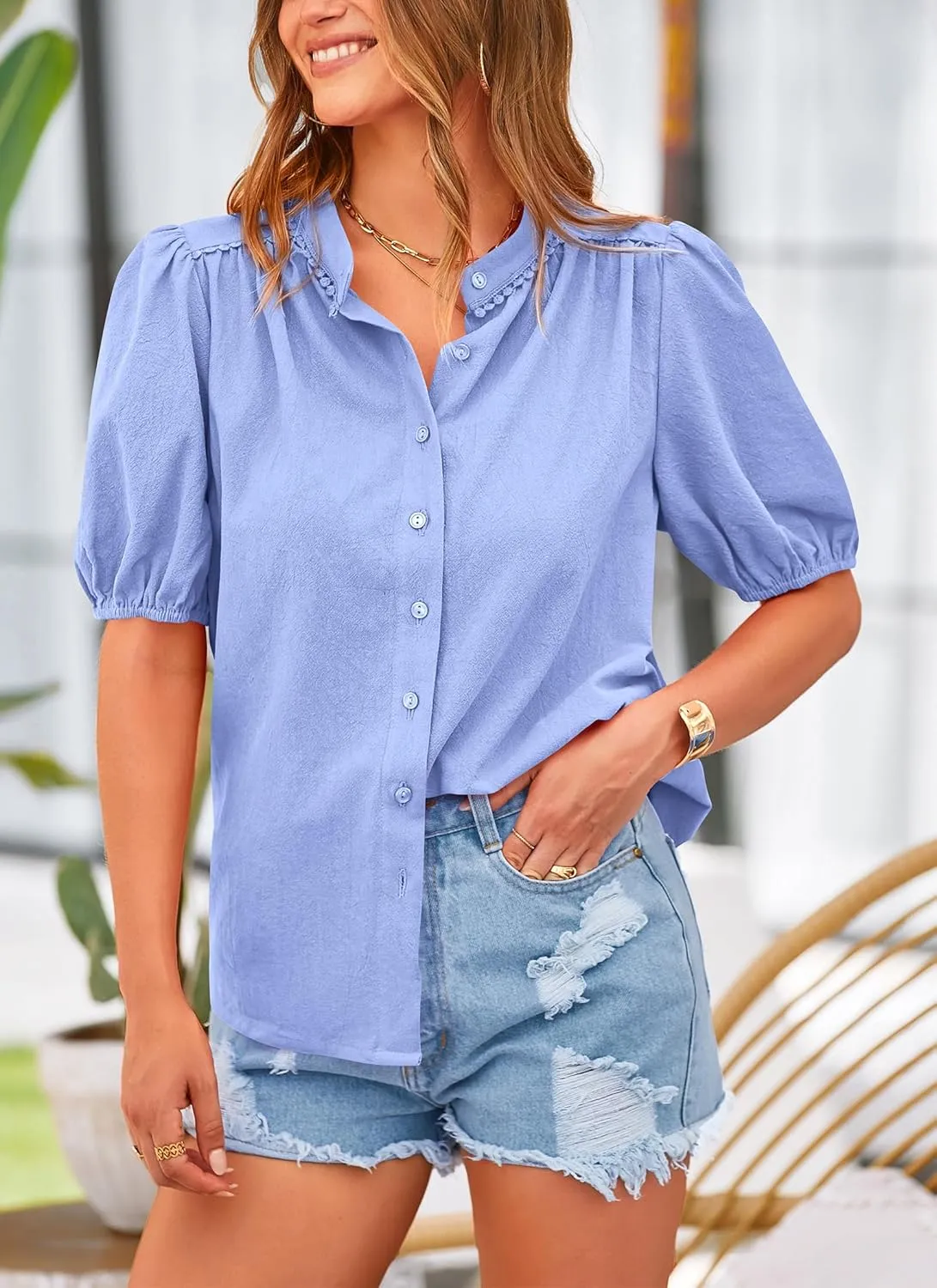 PRETTYGARDEN Women's 2025 Summer Tops Button Down Shirts Short Lantern Sleeve V Neck Cotton Cute Dressy Casual Blouses