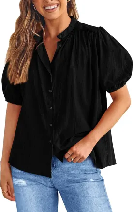 PRETTYGARDEN Women's 2025 Summer Tops Button Down Shirts Short Lantern Sleeve V Neck Cotton Cute Dressy Casual Blouses