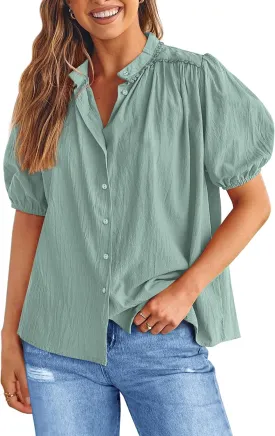 PRETTYGARDEN Women's 2025 Summer Tops Button Down Shirts Short Lantern Sleeve V Neck Cotton Cute Dressy Casual Blouses