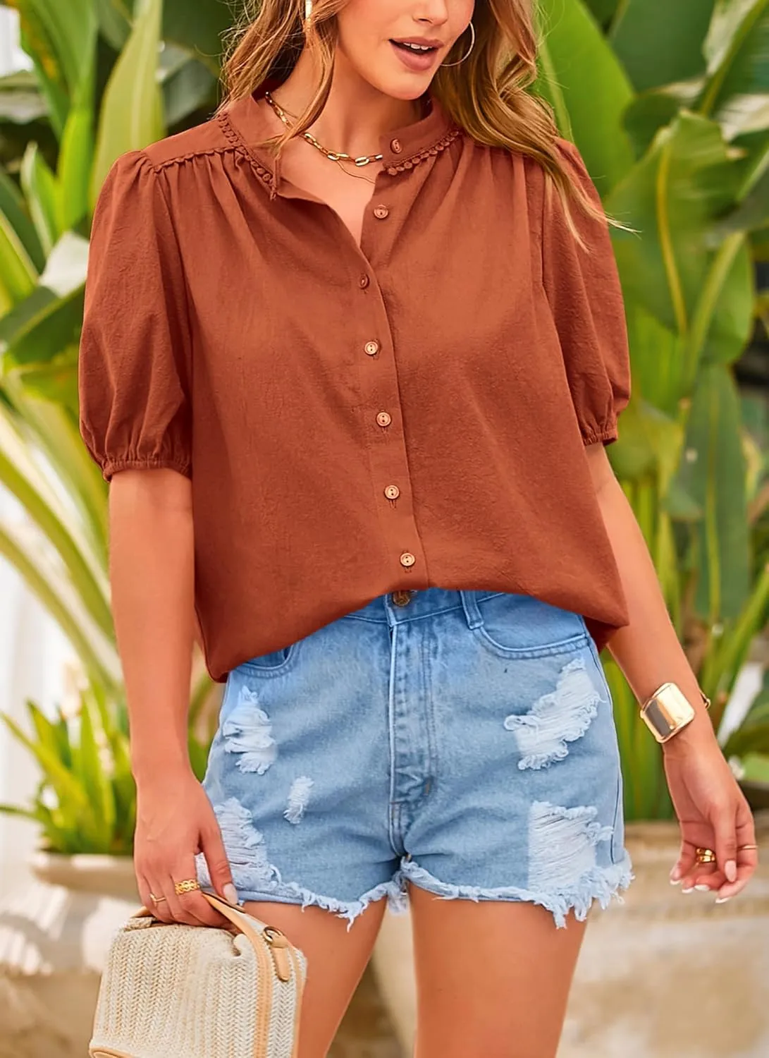PRETTYGARDEN Women's 2025 Summer Tops Button Down Shirts Short Lantern Sleeve V Neck Cotton Cute Dressy Casual Blouses
