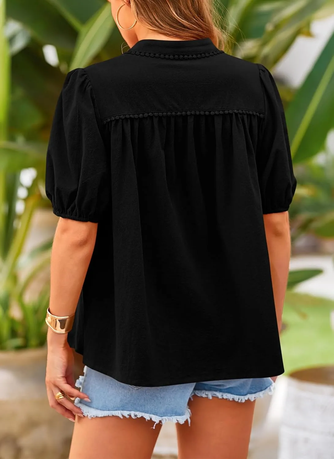 PRETTYGARDEN Women's 2025 Summer Tops Button Down Shirts Short Lantern Sleeve V Neck Cotton Cute Dressy Casual Blouses