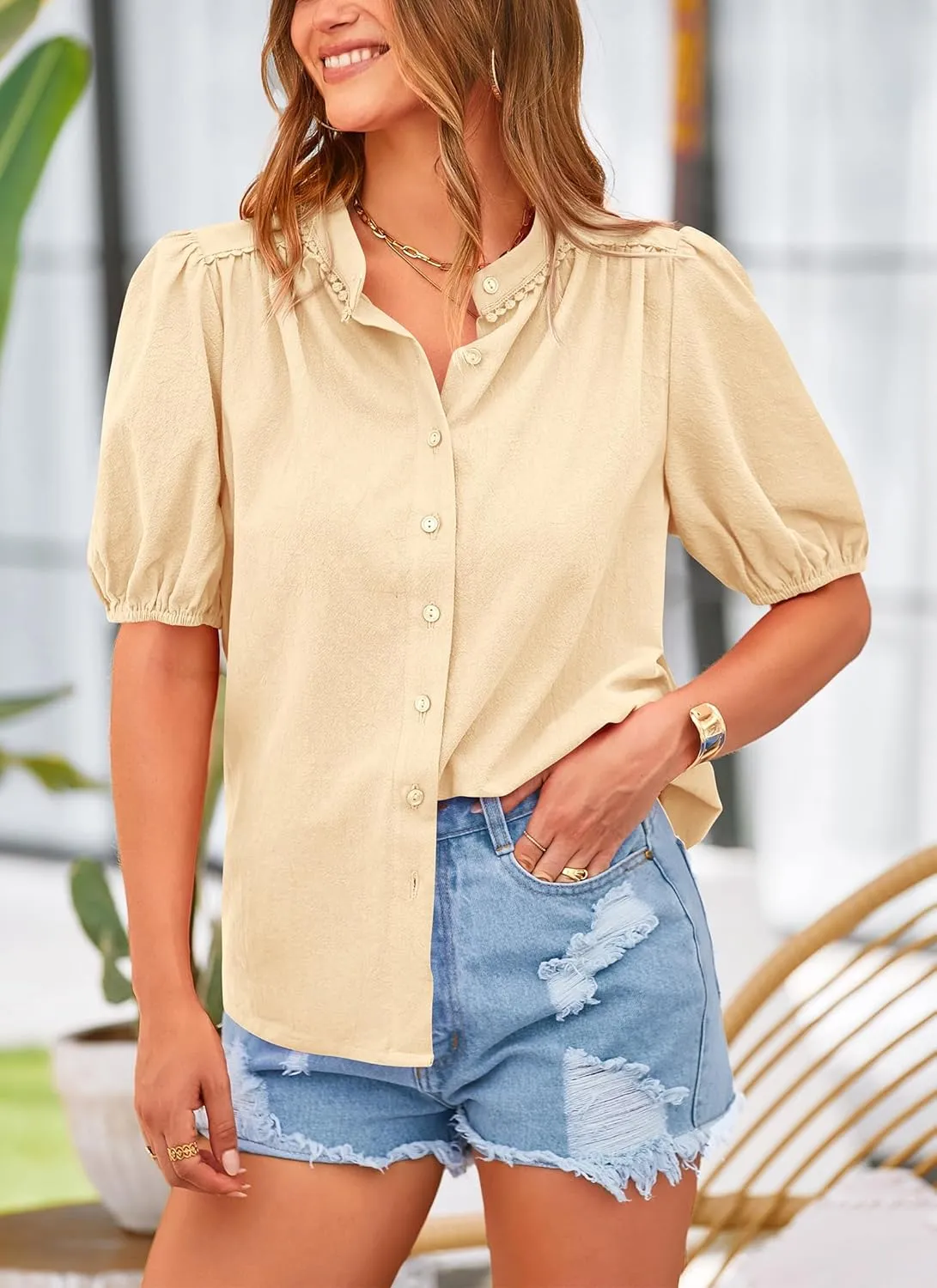 PRETTYGARDEN Women's 2025 Summer Tops Button Down Shirts Short Lantern Sleeve V Neck Cotton Cute Dressy Casual Blouses