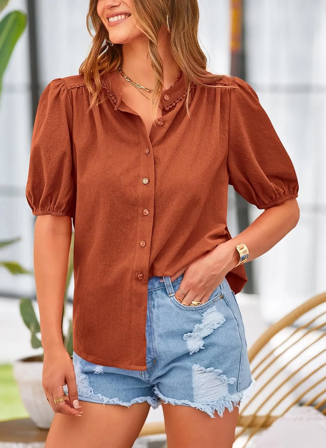 PRETTYGARDEN Women's 2025 Summer Tops Button Down Shirts Short Lantern Sleeve V Neck Cotton Cute Dressy Casual Blouses