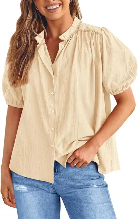 PRETTYGARDEN Women's 2025 Summer Tops Button Down Shirts Short Lantern Sleeve V Neck Cotton Cute Dressy Casual Blouses