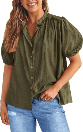 PRETTYGARDEN Women's 2025 Summer Tops Button Down Shirts Short Lantern Sleeve V Neck Cotton Cute Dressy Casual Blouses