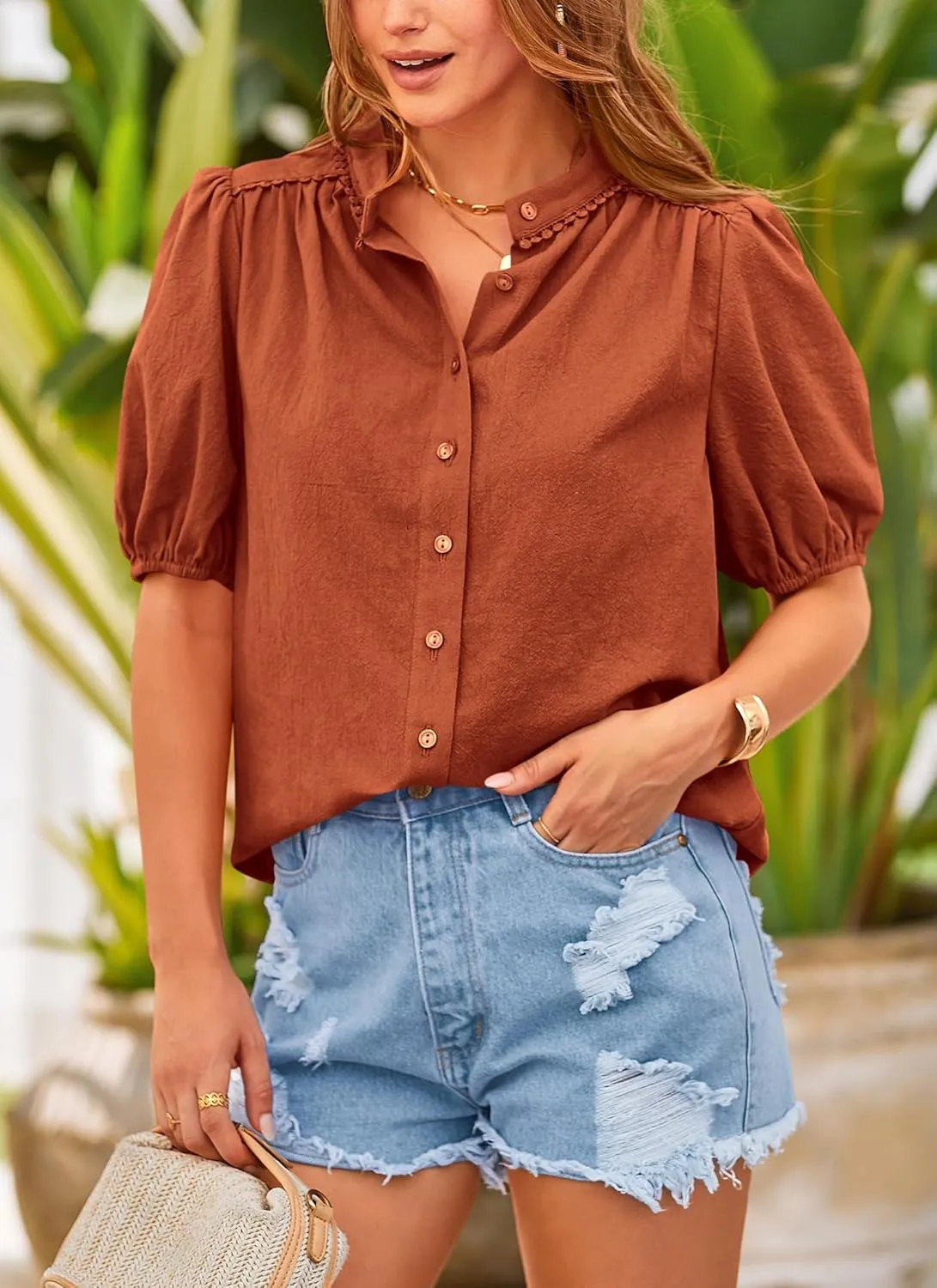 PRETTYGARDEN Women's 2025 Summer Tops Button Down Shirts Short Lantern Sleeve V Neck Cotton Cute Dressy Casual Blouses