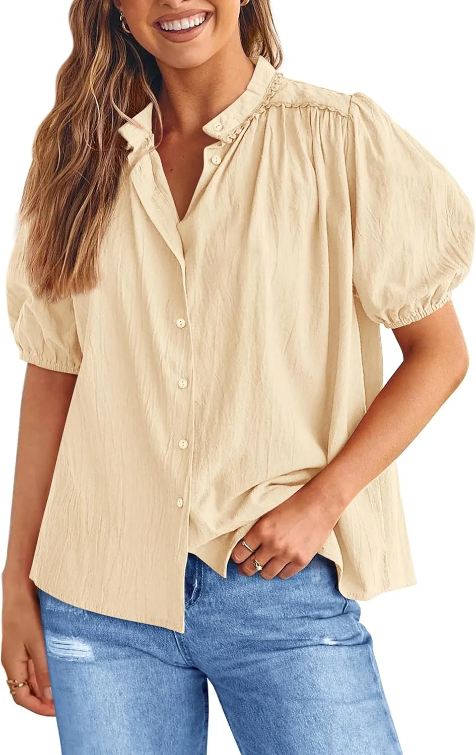 PRETTYGARDEN Women's 2025 Summer Tops Button Down Shirts Short Lantern Sleeve V Neck Cotton Cute Dressy Casual Blouses