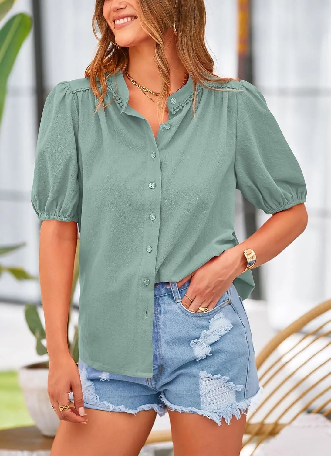 PRETTYGARDEN Women's 2025 Summer Tops Button Down Shirts Short Lantern Sleeve V Neck Cotton Cute Dressy Casual Blouses