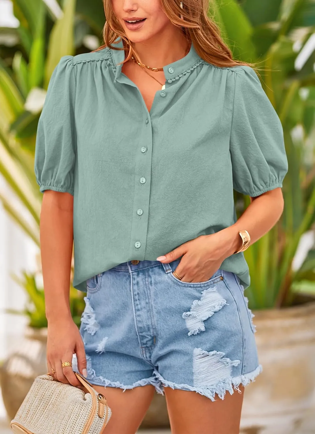 PRETTYGARDEN Women's 2025 Summer Tops Button Down Shirts Short Lantern Sleeve V Neck Cotton Cute Dressy Casual Blouses