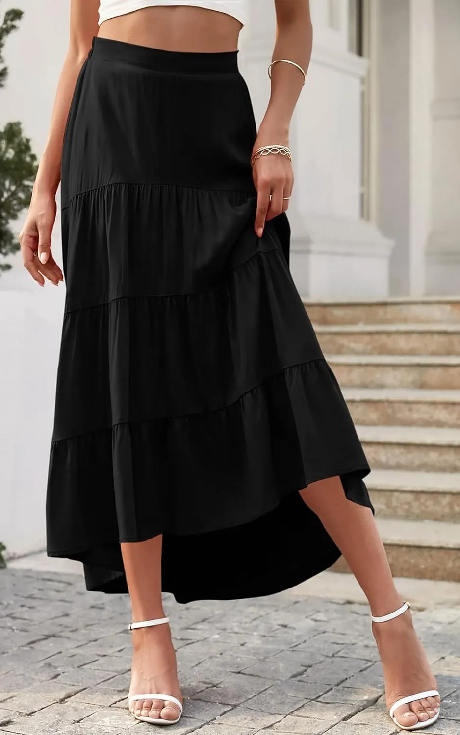PRETTYGARDEN Women's Ditzy Floral Print Midi Skirt Boho Elastic High Waist Long Skirts for Women Trendy High Low Hem