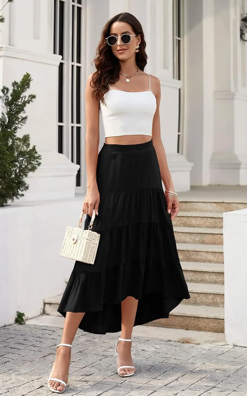 PRETTYGARDEN Women's Ditzy Floral Print Midi Skirt Boho Elastic High Waist Long Skirts for Women Trendy High Low Hem