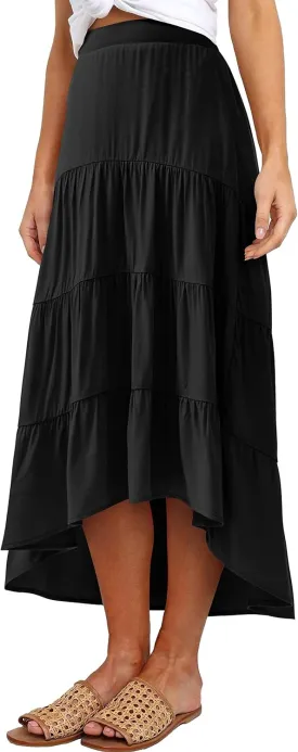 PRETTYGARDEN Women's Ditzy Floral Print Midi Skirt Boho Elastic High Waist Long Skirts for Women Trendy High Low Hem