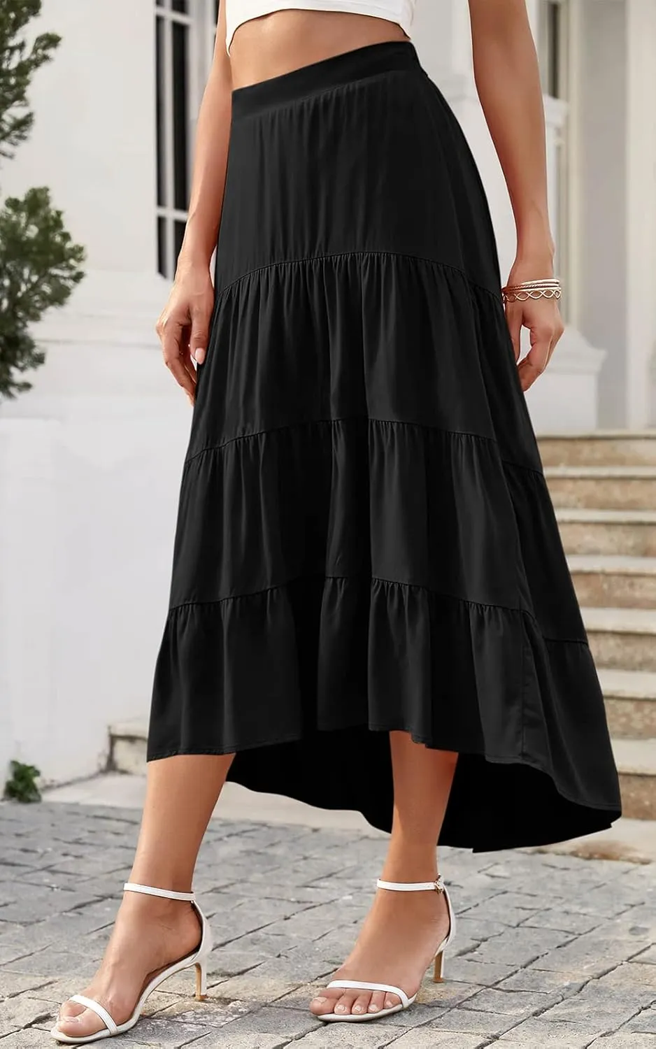 PRETTYGARDEN Women's Ditzy Floral Print Midi Skirt Boho Elastic High Waist Long Skirts for Women Trendy High Low Hem