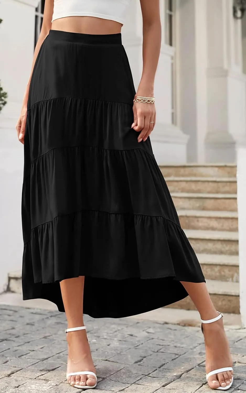 PRETTYGARDEN Women's Ditzy Floral Print Midi Skirt Boho Elastic High Waist Long Skirts for Women Trendy High Low Hem