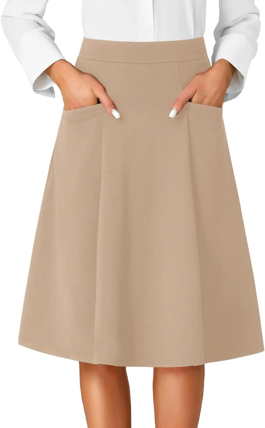 Rooscier Women's High Waist Pleated Flared A Line Elegant Midi Skirt with Pockets