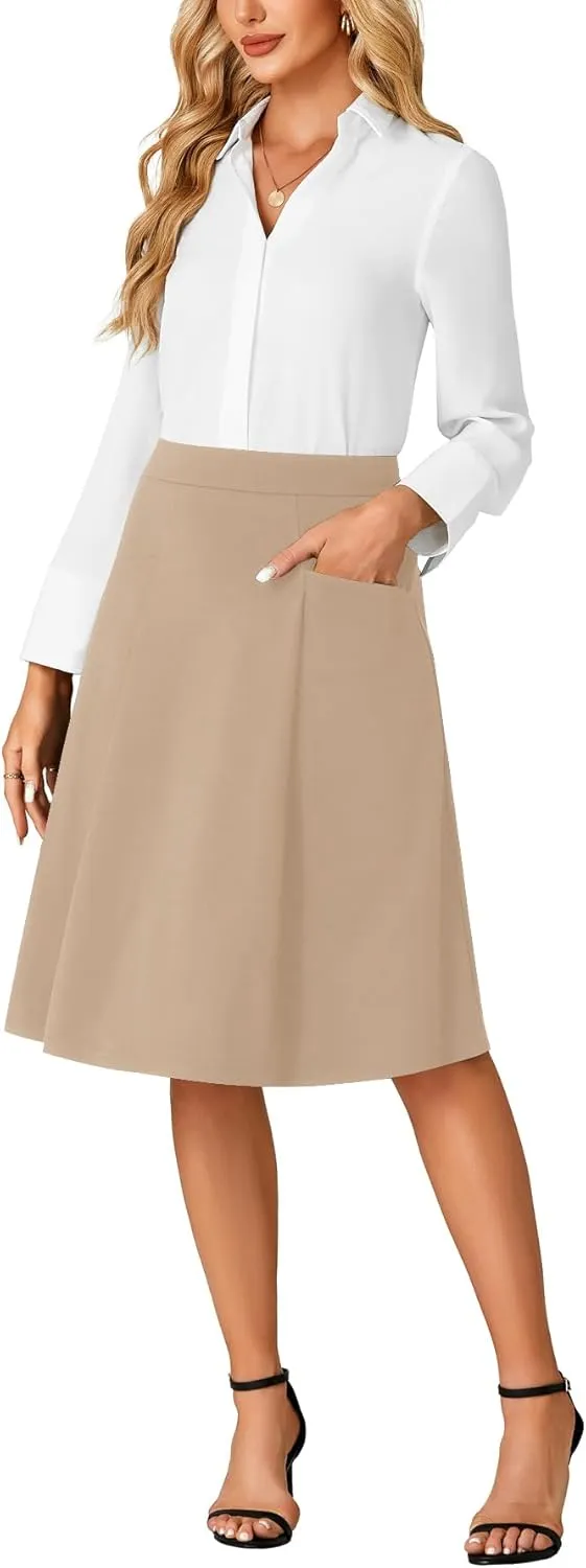 Rooscier Women's High Waist Pleated Flared A Line Elegant Midi Skirt with Pockets