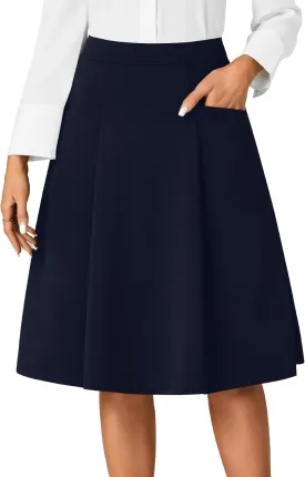 Rooscier Women's High Waist Pleated Flared A Line Elegant Midi Skirt with Pockets
