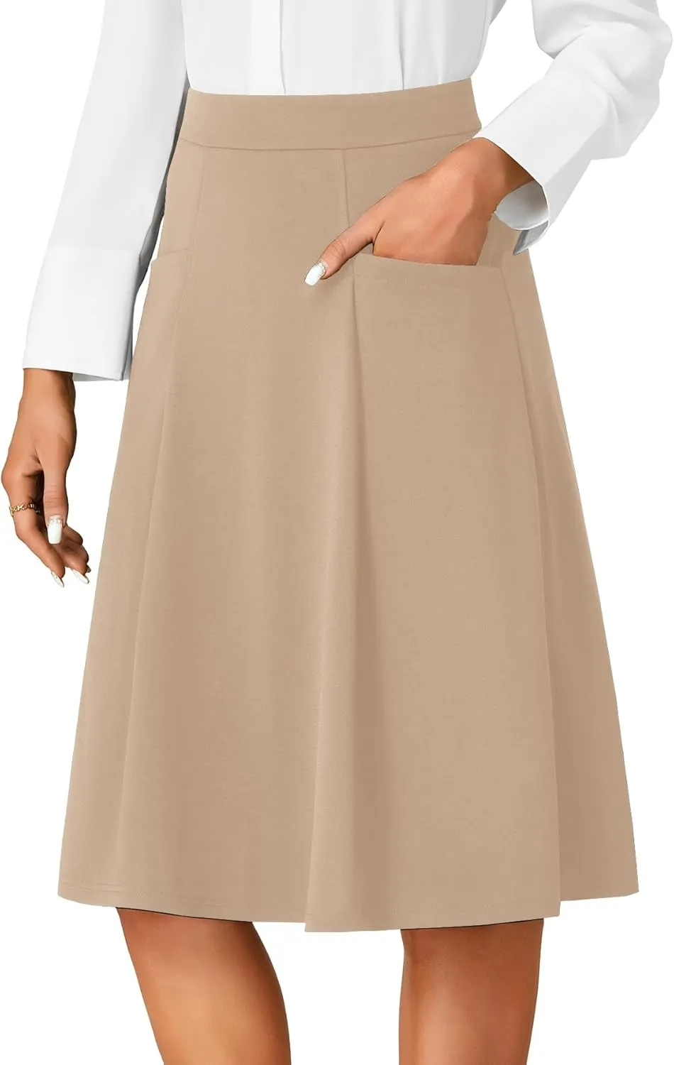 Rooscier Women's High Waist Pleated Flared A Line Elegant Midi Skirt with Pockets