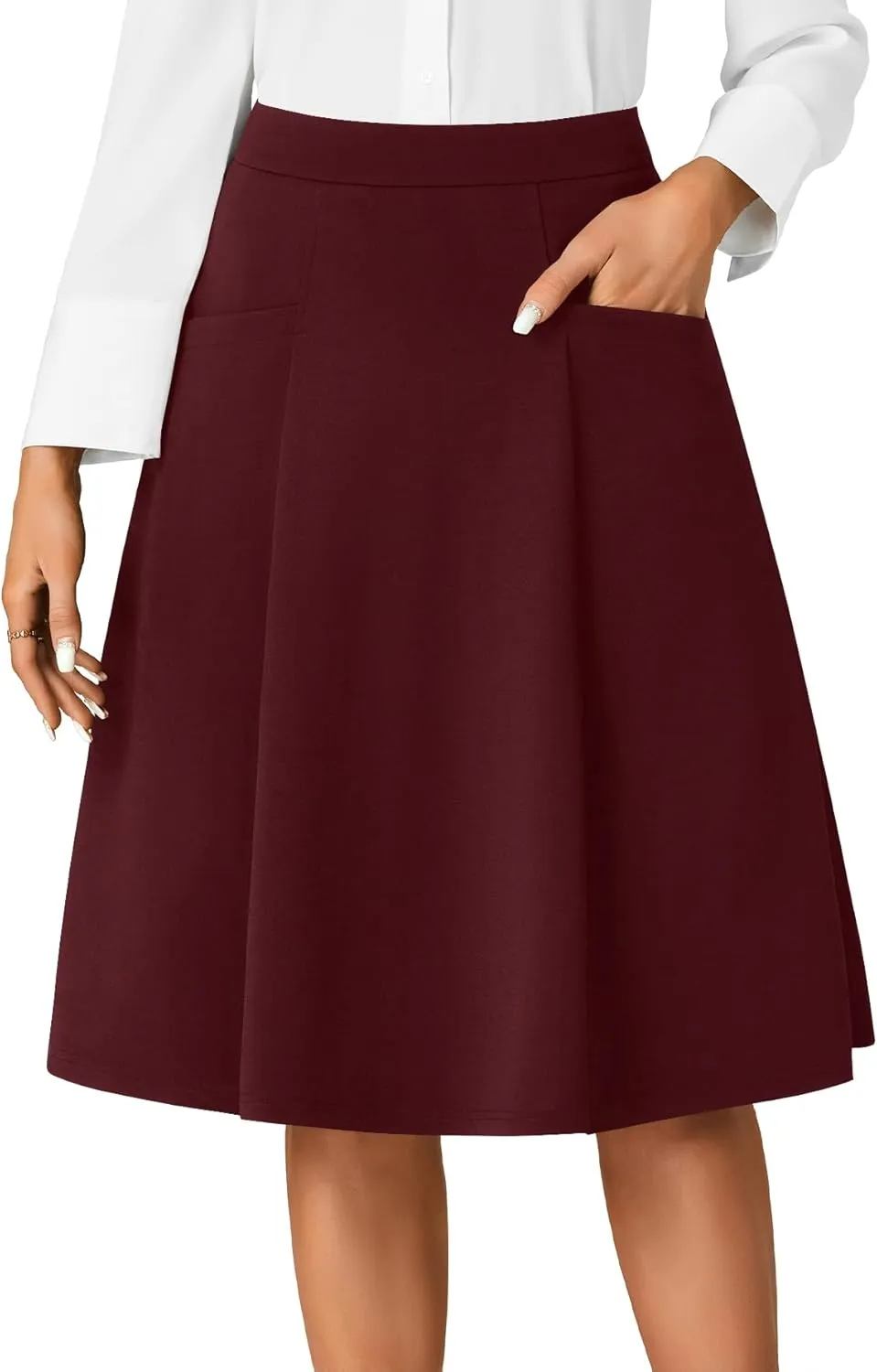 Rooscier Women's High Waist Pleated Flared A Line Elegant Midi Skirt with Pockets