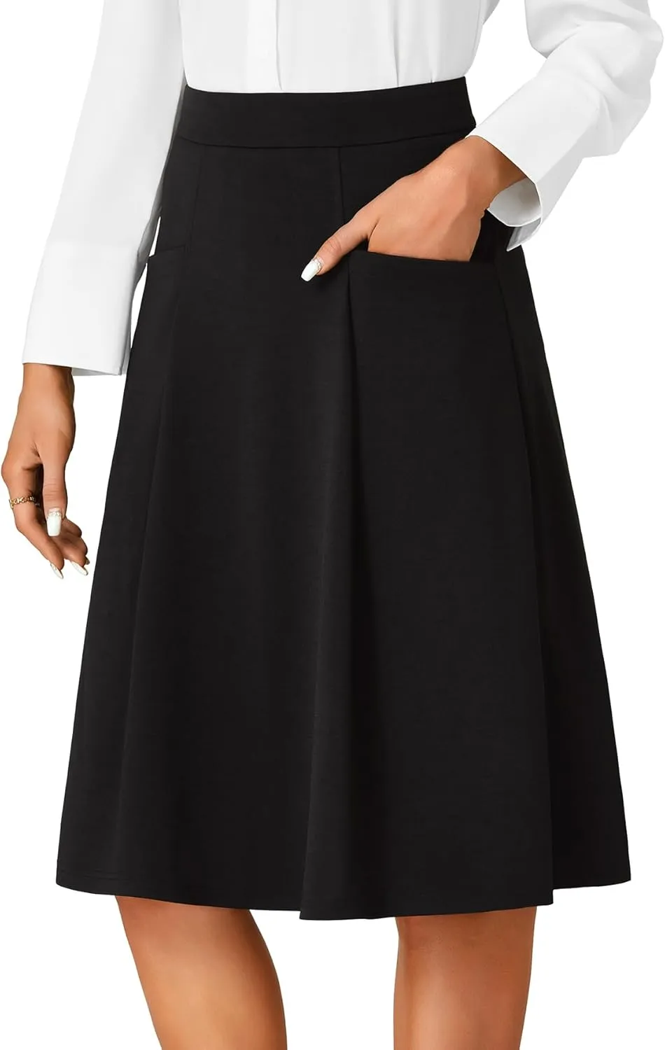 Rooscier Women's High Waist Pleated Flared A Line Elegant Midi Skirt with Pockets