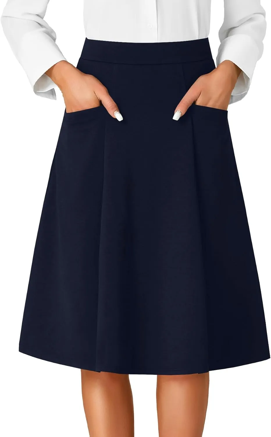 Rooscier Women's High Waist Pleated Flared A Line Elegant Midi Skirt with Pockets