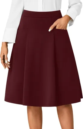 Rooscier Women's High Waist Pleated Flared A Line Elegant Midi Skirt with Pockets