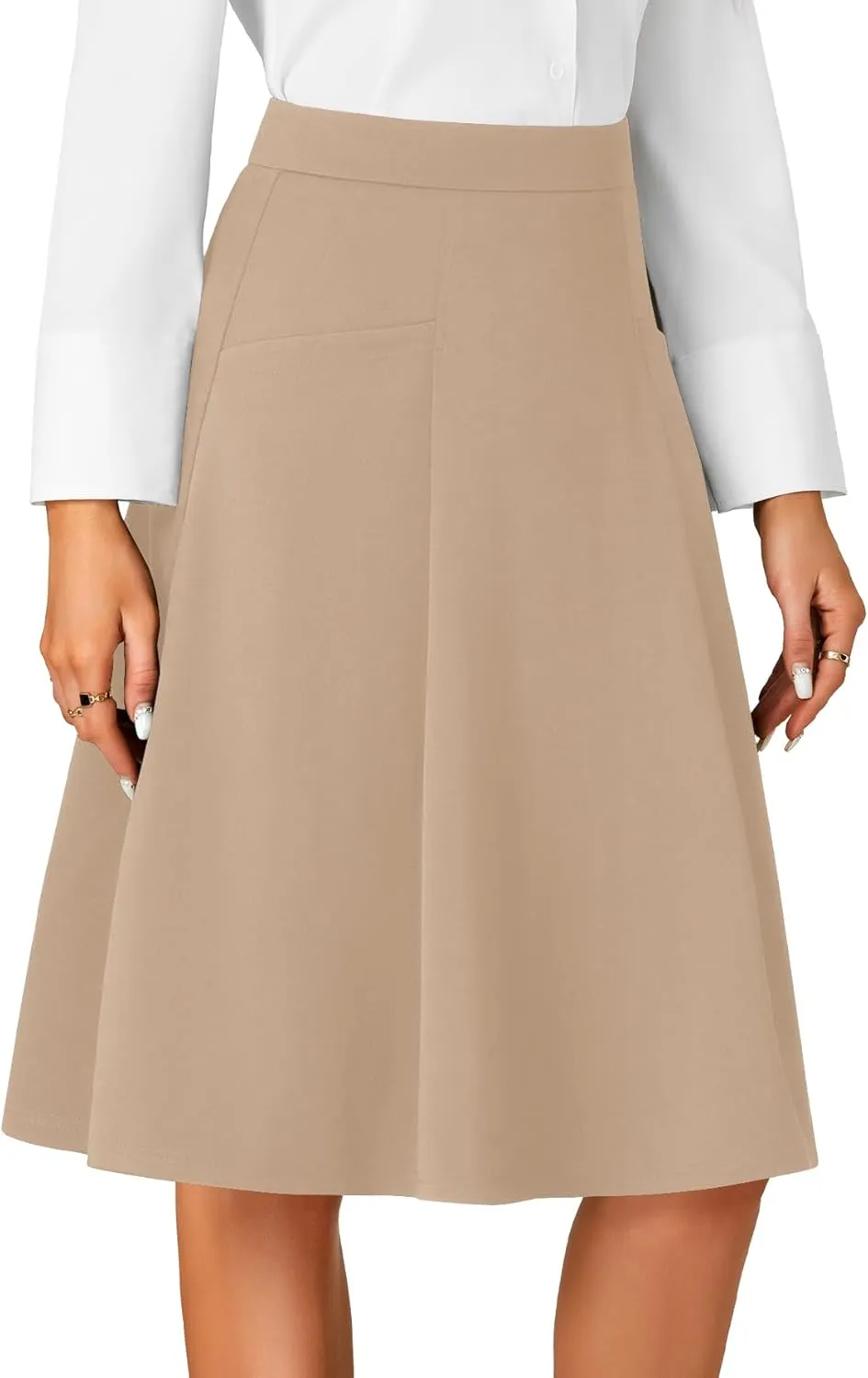 Rooscier Women's High Waist Pleated Flared A Line Elegant Midi Skirt with Pockets