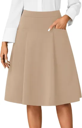 Rooscier Women's High Waist Pleated Flared A Line Elegant Midi Skirt with Pockets