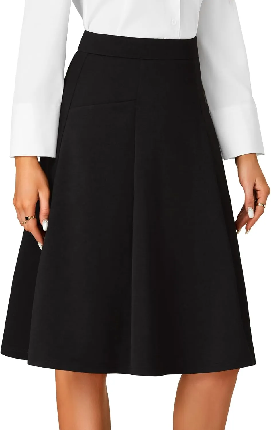 Rooscier Women's High Waist Pleated Flared A Line Elegant Midi Skirt with Pockets