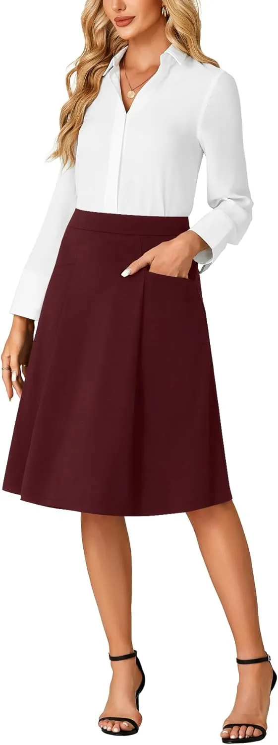 Rooscier Women's High Waist Pleated Flared A Line Elegant Midi Skirt with Pockets