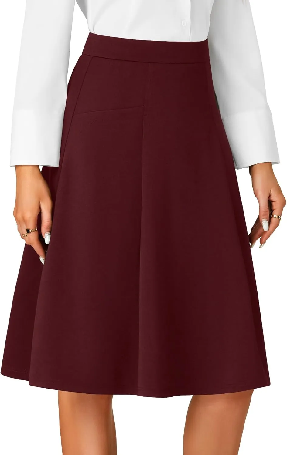 Rooscier Women's High Waist Pleated Flared A Line Elegant Midi Skirt with Pockets