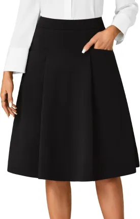 Rooscier Women's High Waist Pleated Flared A Line Elegant Midi Skirt with Pockets