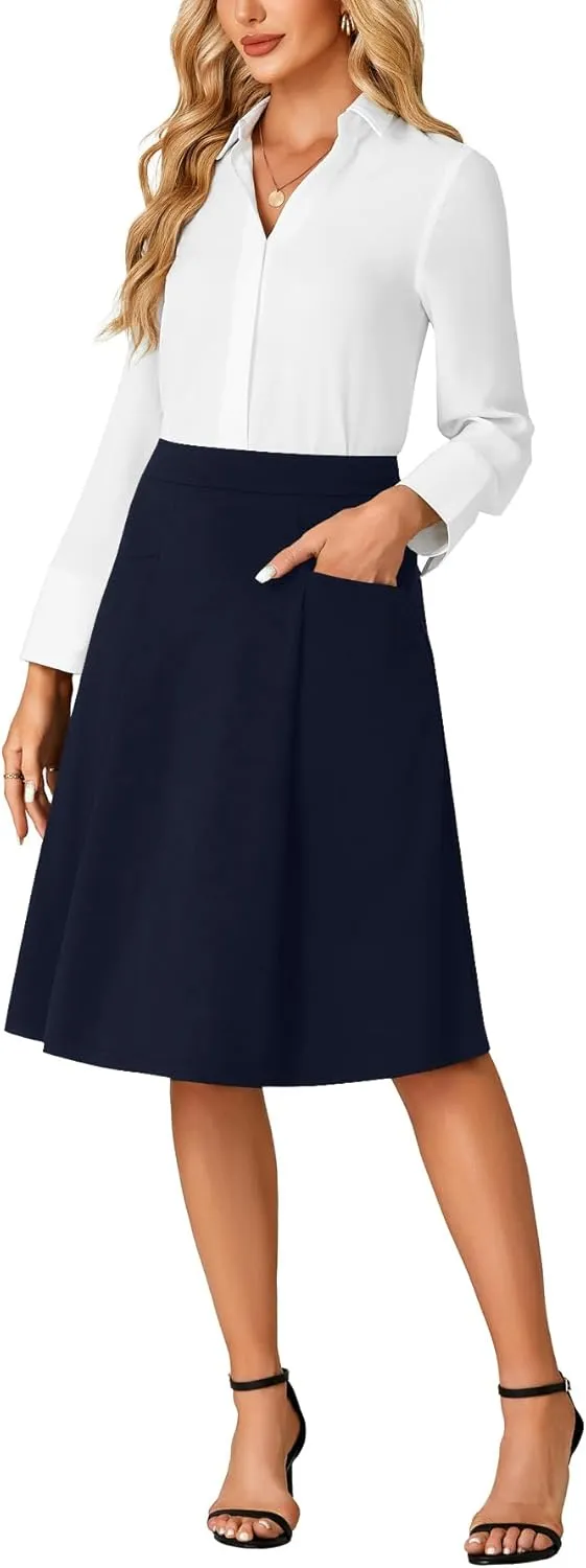 Rooscier Women's High Waist Pleated Flared A Line Elegant Midi Skirt with Pockets