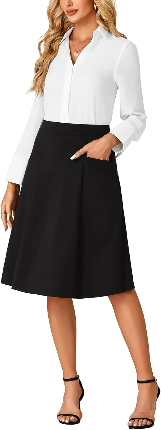 Rooscier Women's High Waist Pleated Flared A Line Elegant Midi Skirt with Pockets