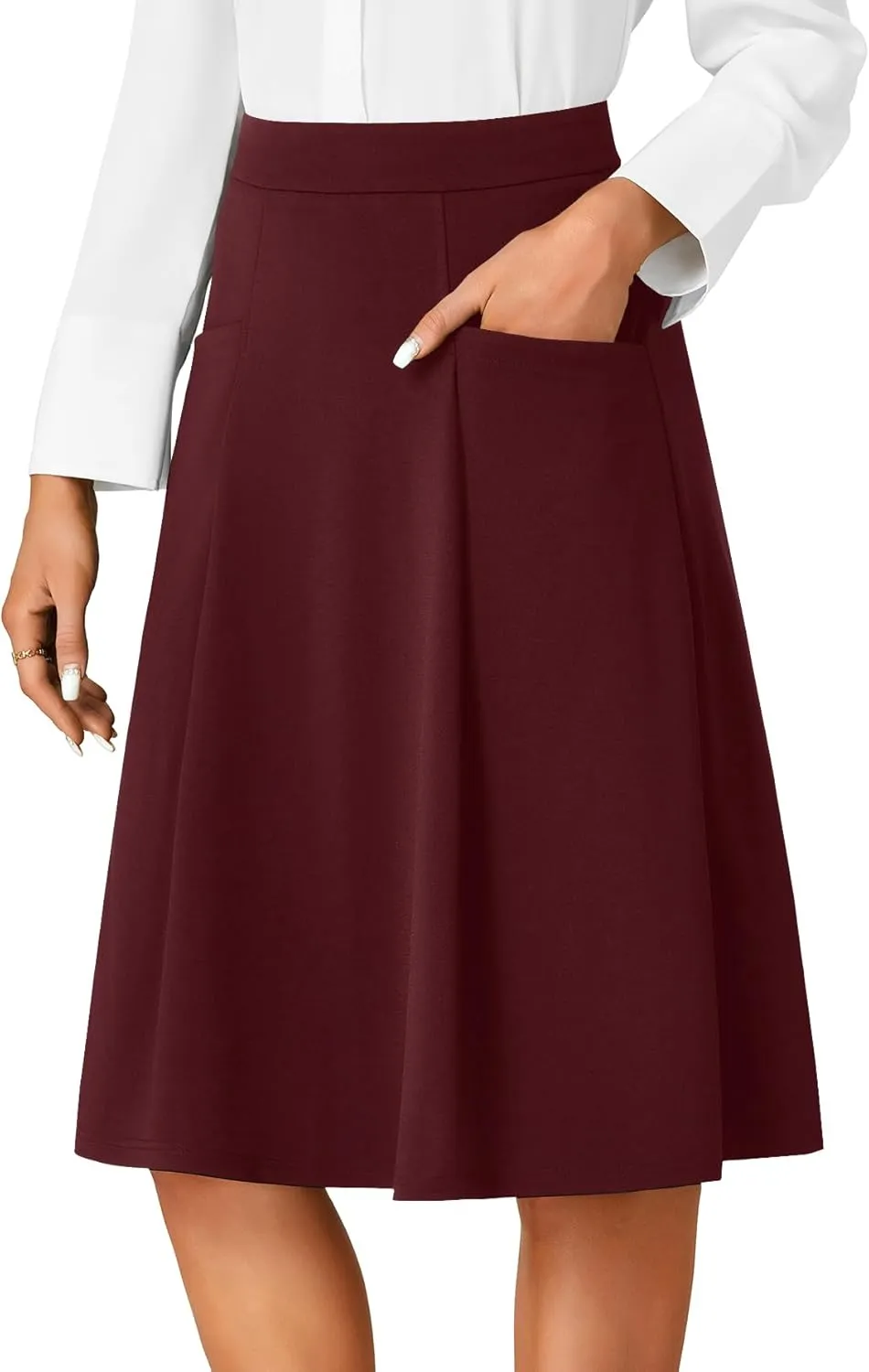 Rooscier Women's High Waist Pleated Flared A Line Elegant Midi Skirt with Pockets