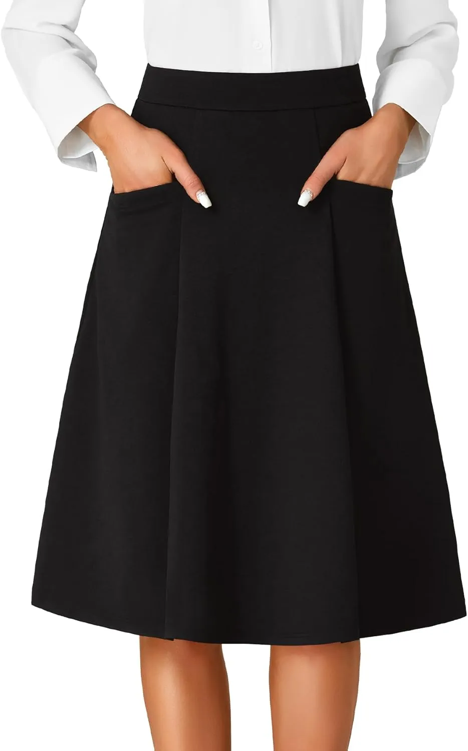Rooscier Women's High Waist Pleated Flared A Line Elegant Midi Skirt with Pockets