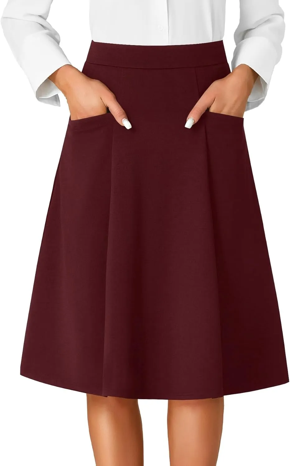 Rooscier Women's High Waist Pleated Flared A Line Elegant Midi Skirt with Pockets