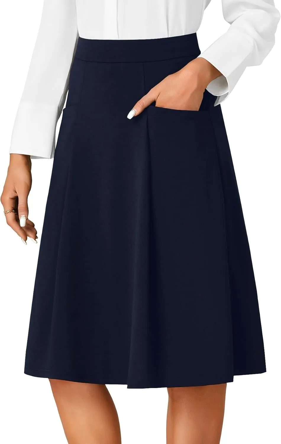 Rooscier Women's High Waist Pleated Flared A Line Elegant Midi Skirt with Pockets