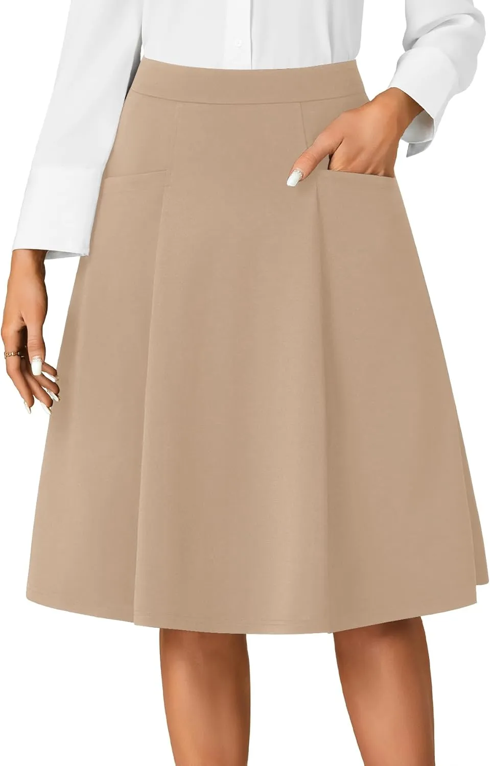Rooscier Women's High Waist Pleated Flared A Line Elegant Midi Skirt with Pockets