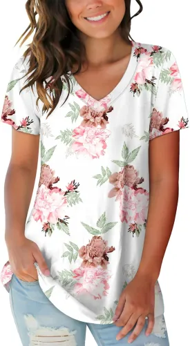 SAMPEEL Women's V Neck T-Shirts Casual Summer Loose Fit Short Sleeve Tops Basic Tees