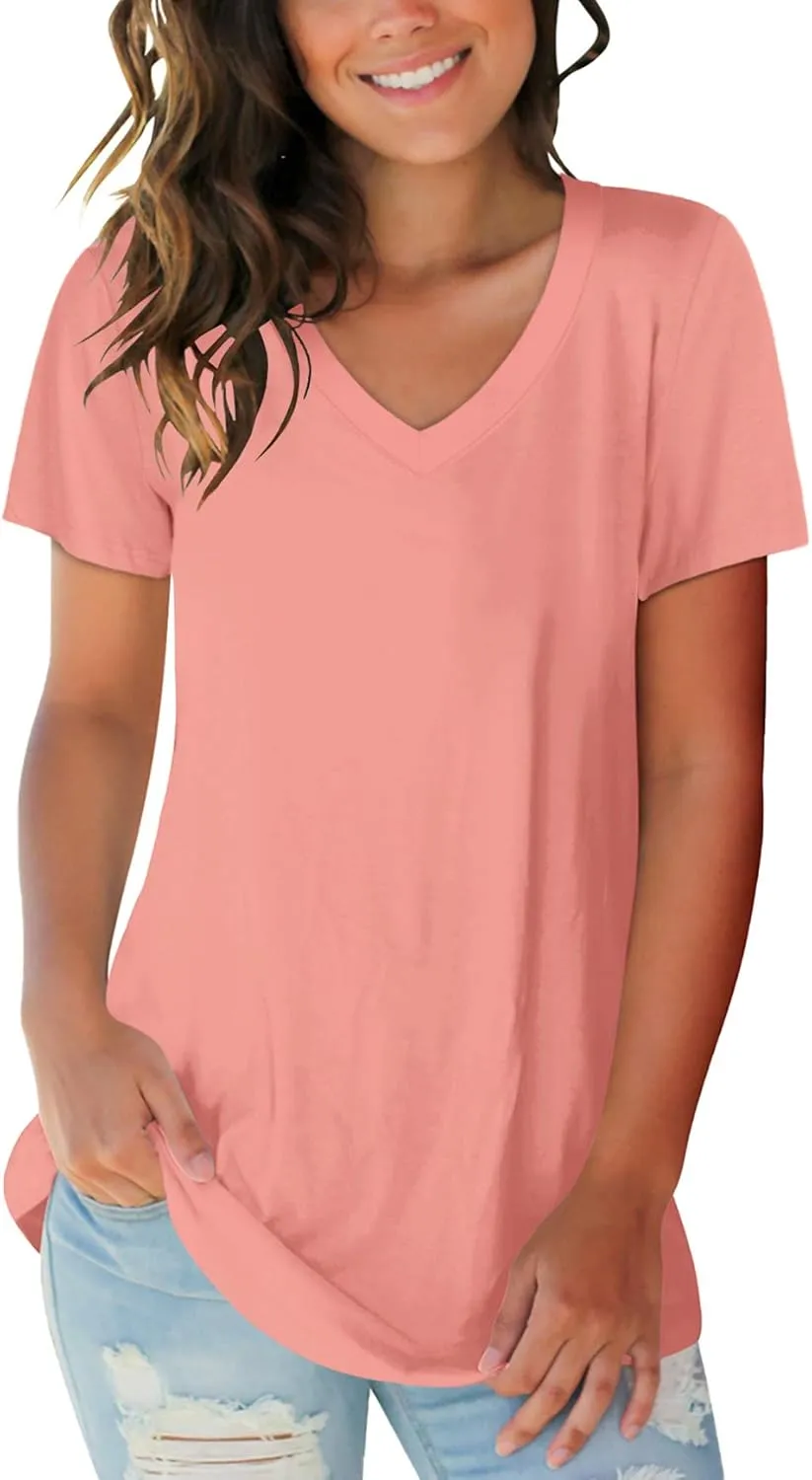 SAMPEEL Women's V Neck T-Shirts Casual Summer Loose Fit Short Sleeve Tops Basic Tees