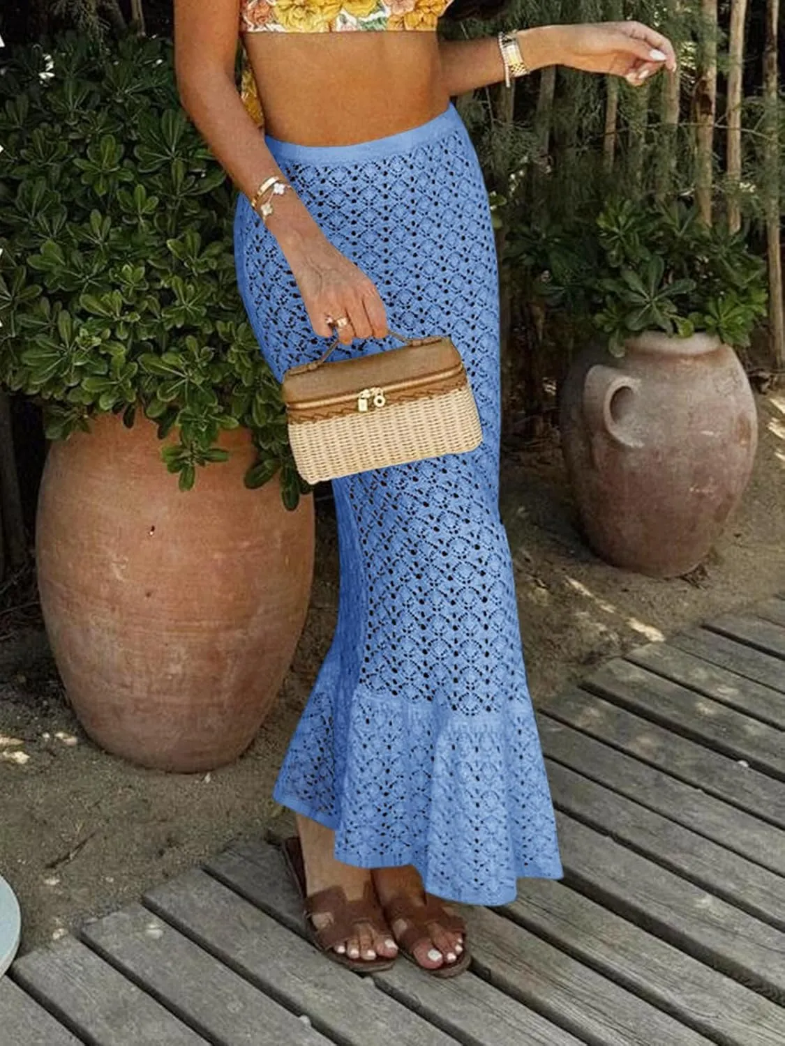 Saodimallsu Womens Crochet Cover Up Skirt High Waisted Sheer Knit Summer Swimsuit Coverup Beach Fishtail Maxi Skirts