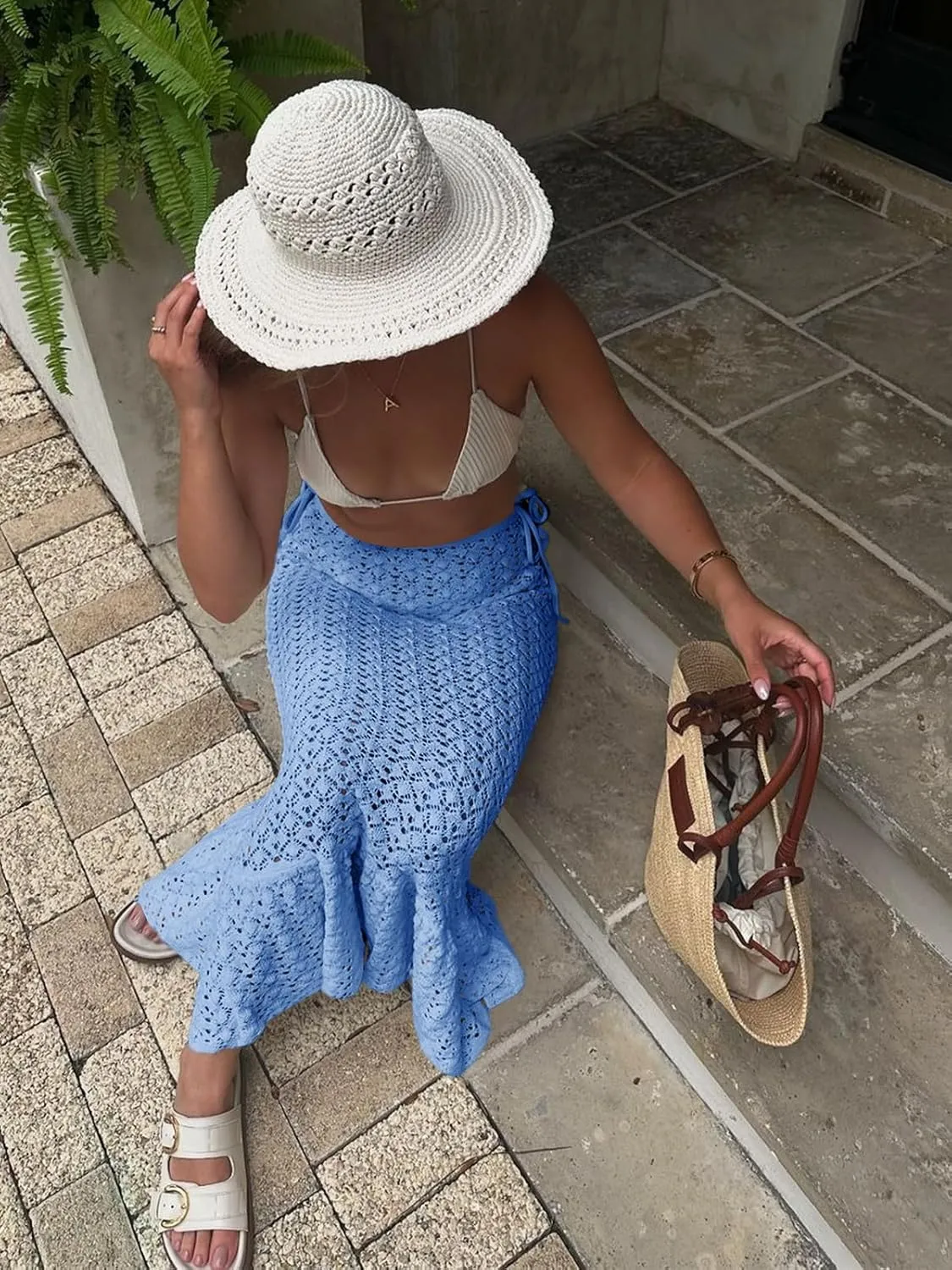 Saodimallsu Womens Crochet Cover Up Skirt High Waisted Sheer Knit Summer Swimsuit Coverup Beach Fishtail Maxi Skirts