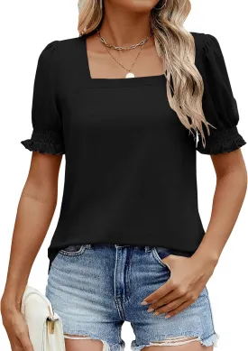 Sherosa Womens Summer Tops Dressy Casual Puff Short Sleeve Shirts Square Neck Tshirts Loose Fit Blouses