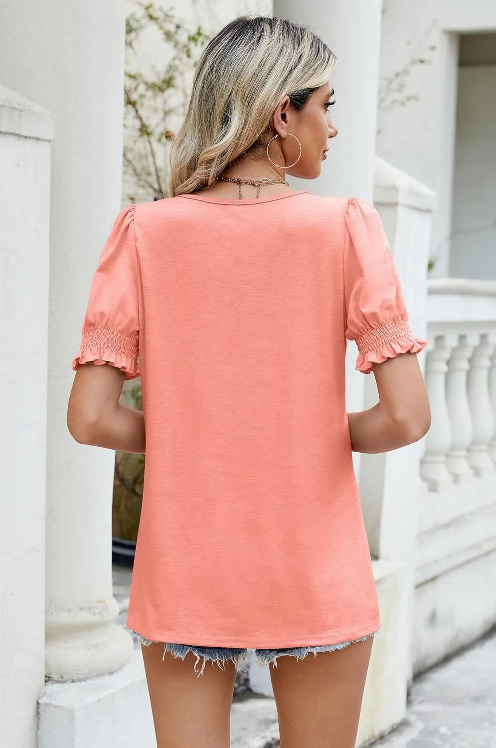 Sherosa Womens Summer Tops Dressy Casual Puff Short Sleeve Shirts Square Neck Tshirts Loose Fit Blouses