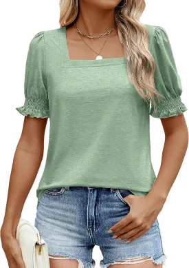 Sherosa Womens Summer Tops Dressy Casual Puff Short Sleeve Shirts Square Neck Tshirts Loose Fit Blouses