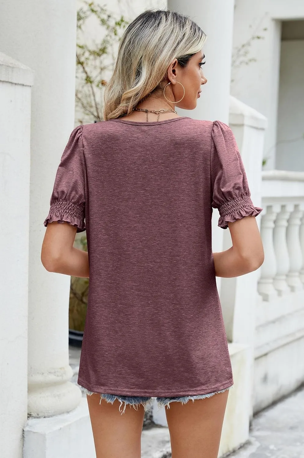 Sherosa Womens Summer Tops Dressy Casual Puff Short Sleeve Shirts Square Neck Tshirts Loose Fit Blouses
