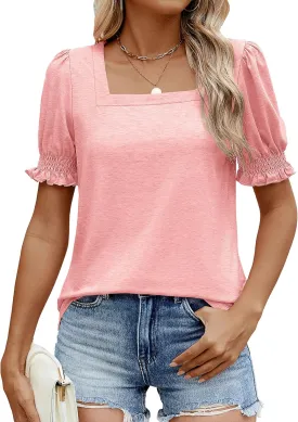 Sherosa Womens Summer Tops Dressy Casual Puff Short Sleeve Shirts Square Neck Tshirts Loose Fit Blouses