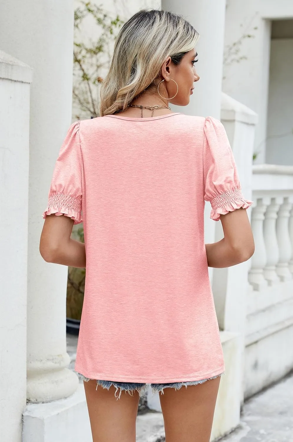 Sherosa Womens Summer Tops Dressy Casual Puff Short Sleeve Shirts Square Neck Tshirts Loose Fit Blouses