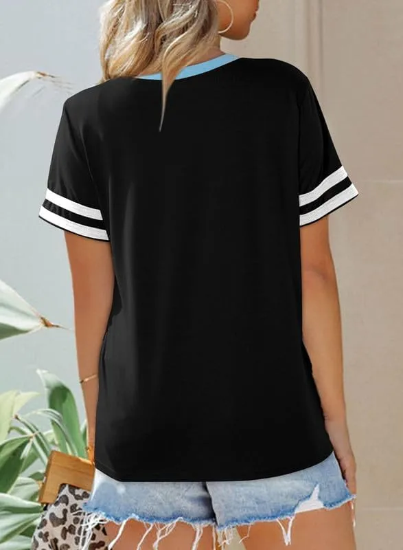 SHEWIN Women's Fashion Casual Crewneck Color Block T Shirts Short Sleeve Summer Tops Tees Slim Fit